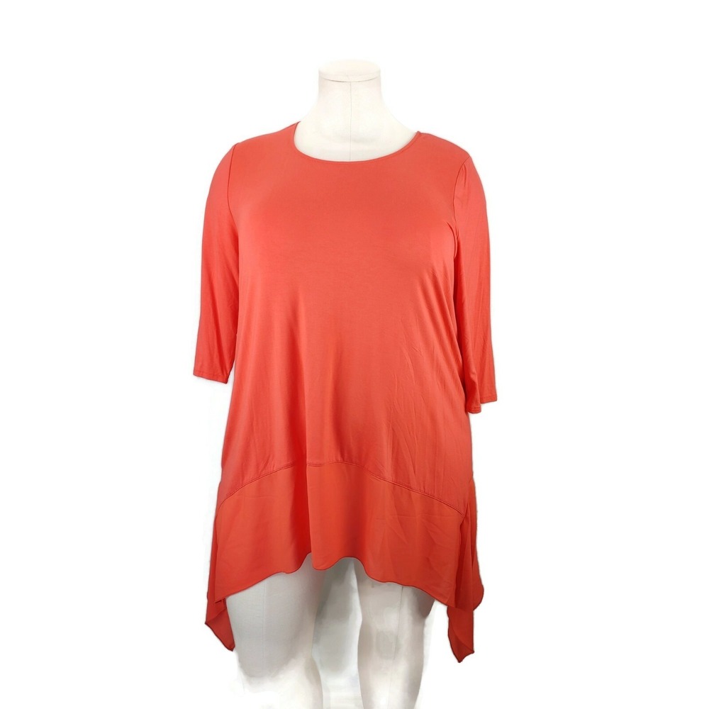 CATHERINES‎ CORAL HANDERKERCHIEF HEM TUNIC SHEER TRIM ROUND NECK WOMENS PLUS 2X
